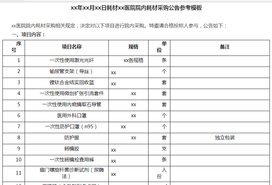 xx年xx月xx日耗材xx醫院院內耗材采購公告參考模板